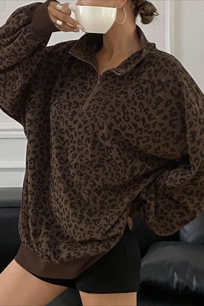 Leopard Print Half-Zip V-Neck Long Sleeve Sweatshirt