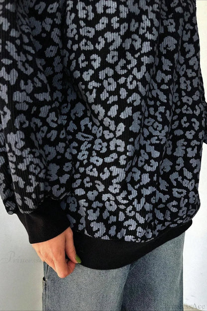 Leopard Print Half-Zip V-Neck Long Sleeve Sweatshirt