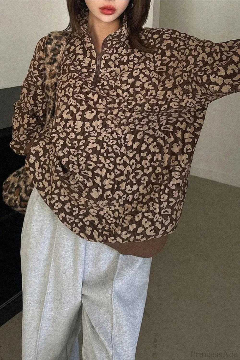 Leopard Print Half-Zip V-Neck Long Sleeve Sweatshirt