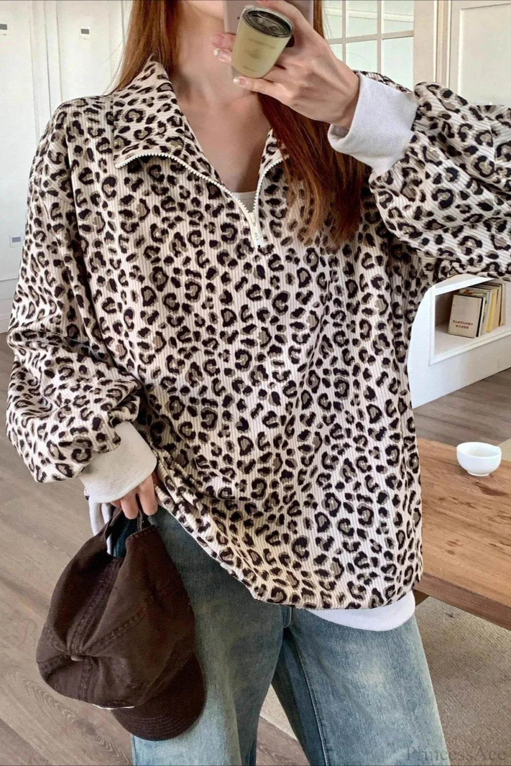 Leopard Print Half-Zip V-Neck Long Sleeve Sweatshirt