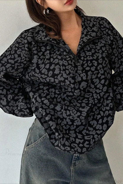 Leopard Print Half-Zip V-Neck Long Sleeve Sweatshirt