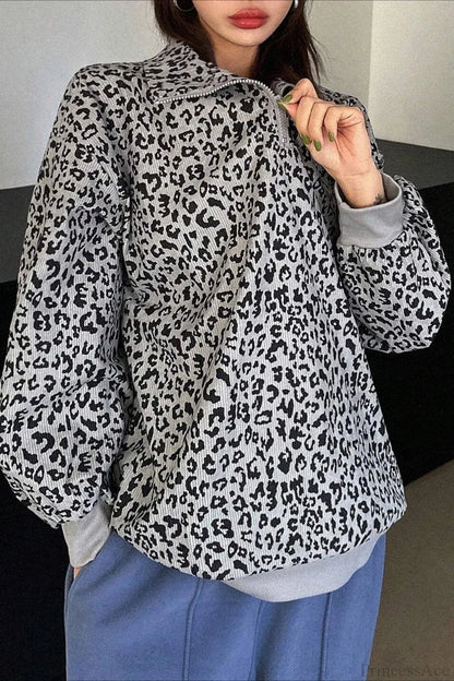 Leopard Print Half-Zip V-Neck Long Sleeve Sweatshirt