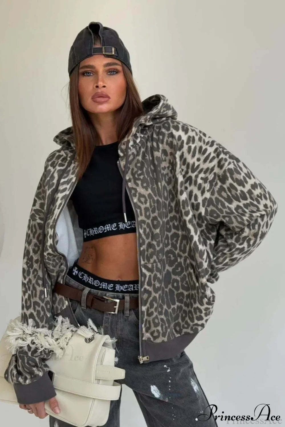 Leopard Print Zip Color-Block Hoodie