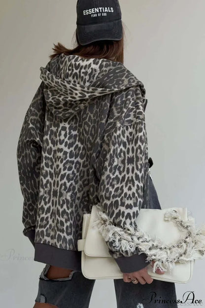 Leopard Print Zip Color-Block Hoodie
