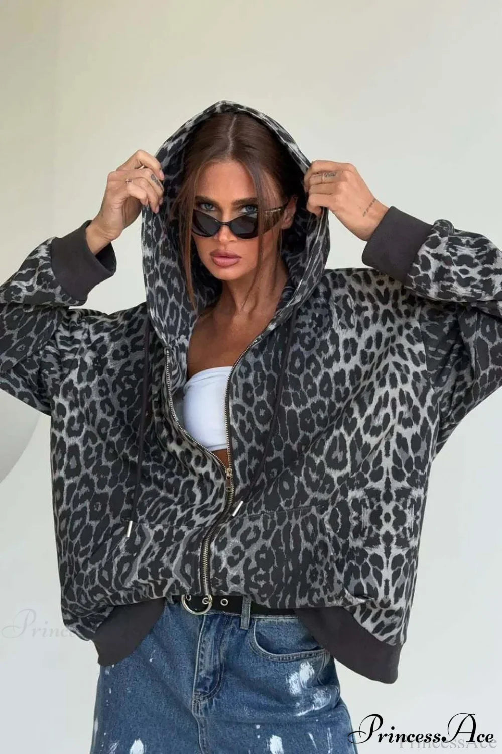 Leopard Print Zip Color-Block Hoodie