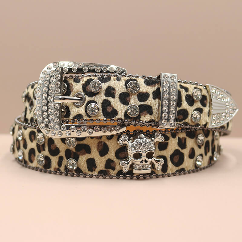Leopard Print Rhinestone Skull Y2K PU Leather Belt