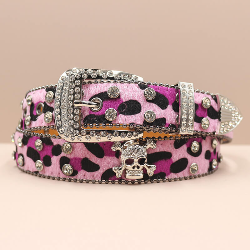Leopard Print Rhinestone Skull Y2K PU Leather Belt