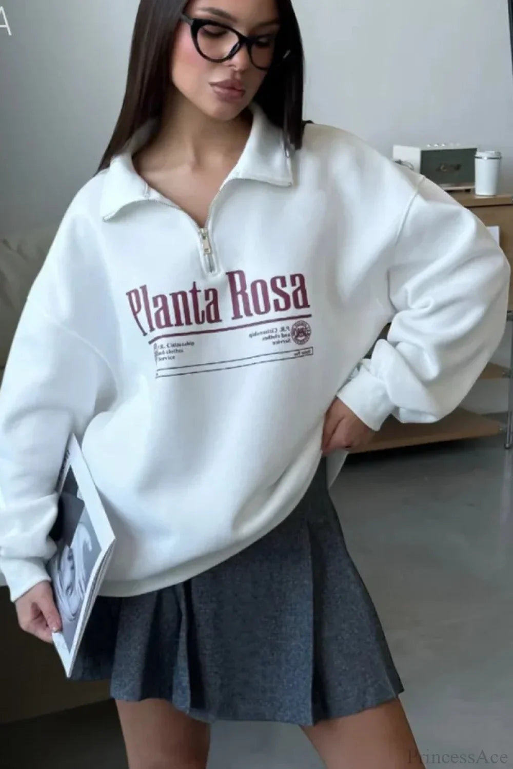 Letter Print Relaxed Convertible Collar Half-Zip Sweatshirt
