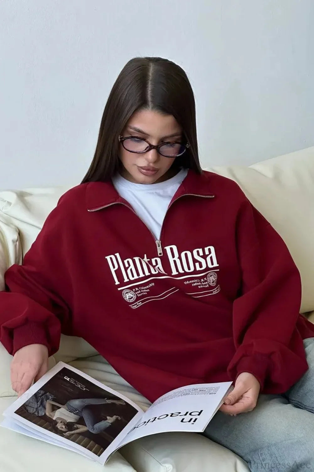 Letter Print Relaxed Convertible Collar Half-Zip Sweatshirt