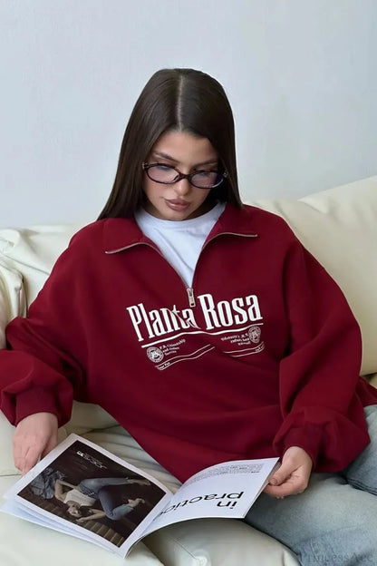 Letter Print Relaxed Convertible Collar Half-Zip Sweatshirt