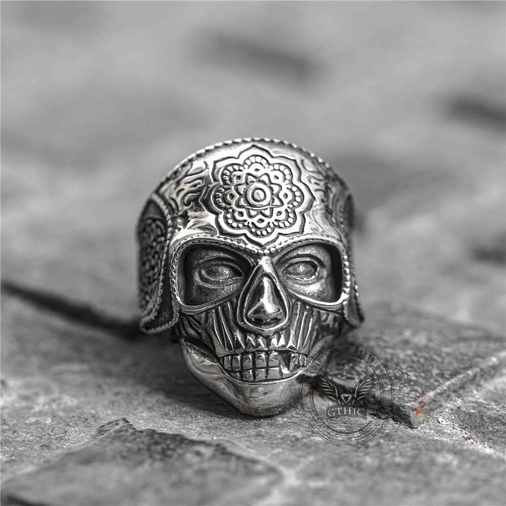 Mandala Flower Stainless Steel Skull Ring