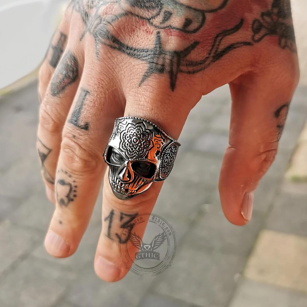 Mandala Flower Stainless Steel Skull Ring