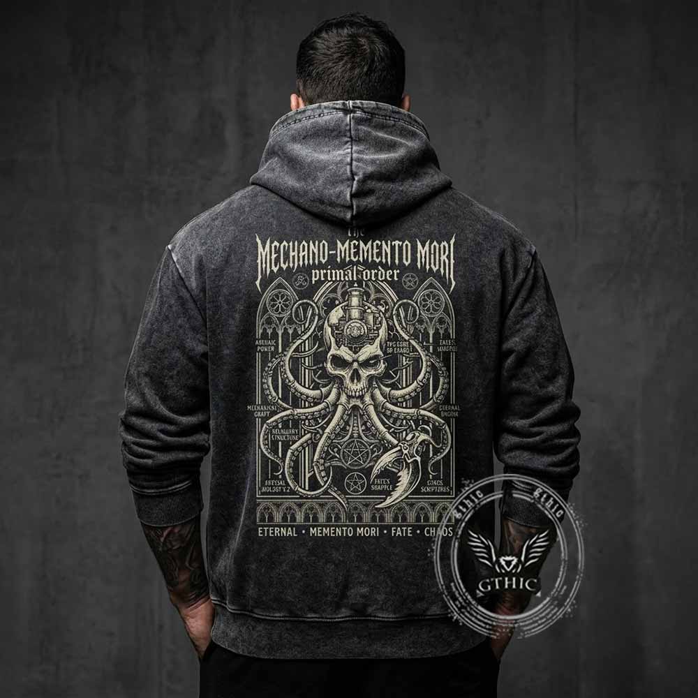 Mechano Memento Mori Skull Octopus Vintage Washed Hoodie