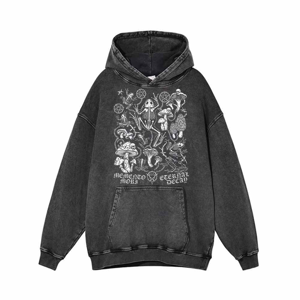 Memento Mori Frog Skeleton Mushroom Vintage Washed Hoodie
