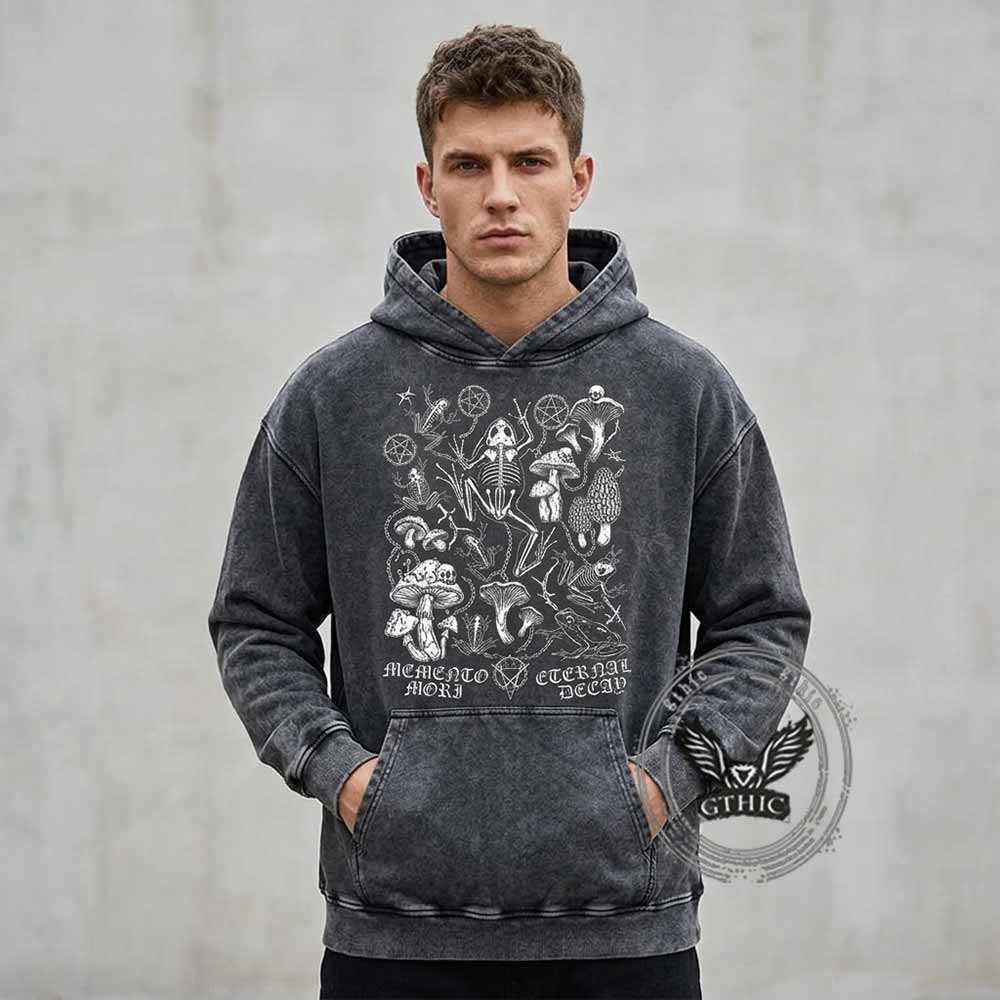 Memento Mori Frog Skeleton Mushroom Vintage Washed Hoodie
