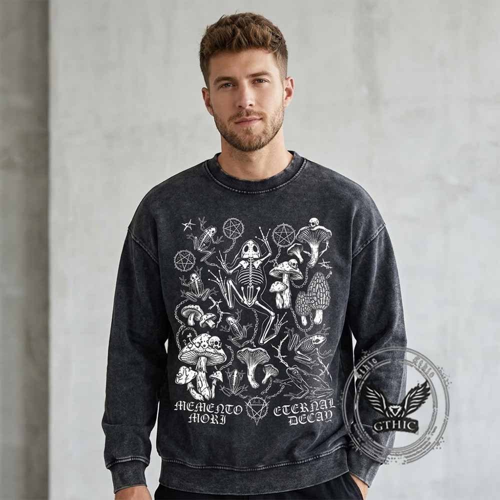 Memento Mori Frog Skeleton Mushroom Vintage Washed Sweatshirt