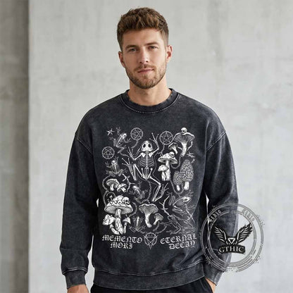 Memento Mori Frog Skeleton Mushroom Vintage Washed Sweatshirt