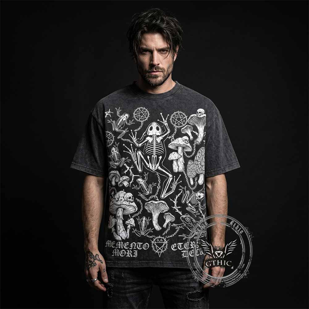 Memento Mori Frog Skeleton Mushroom Vintage Washed T-shirt
