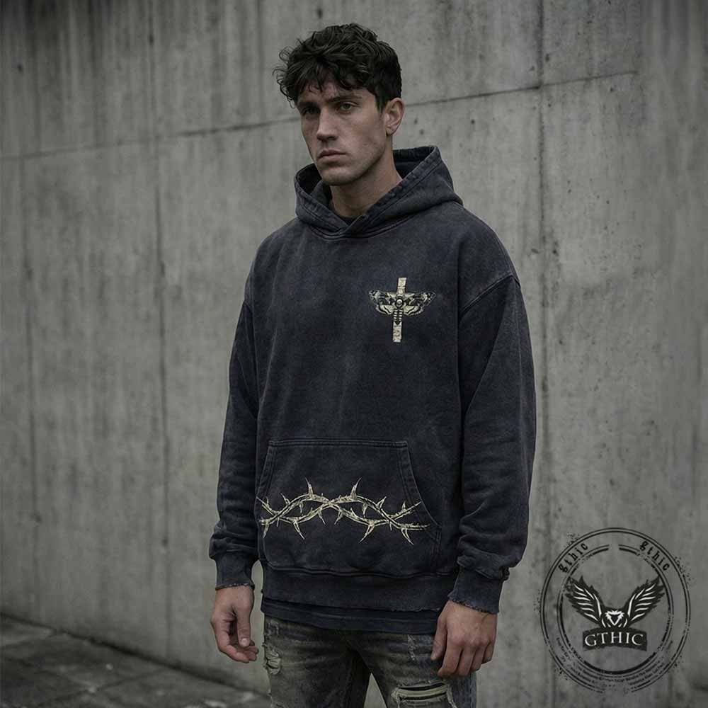 Memento Mori Skull Moth Cross Vintage Washed Hoodie