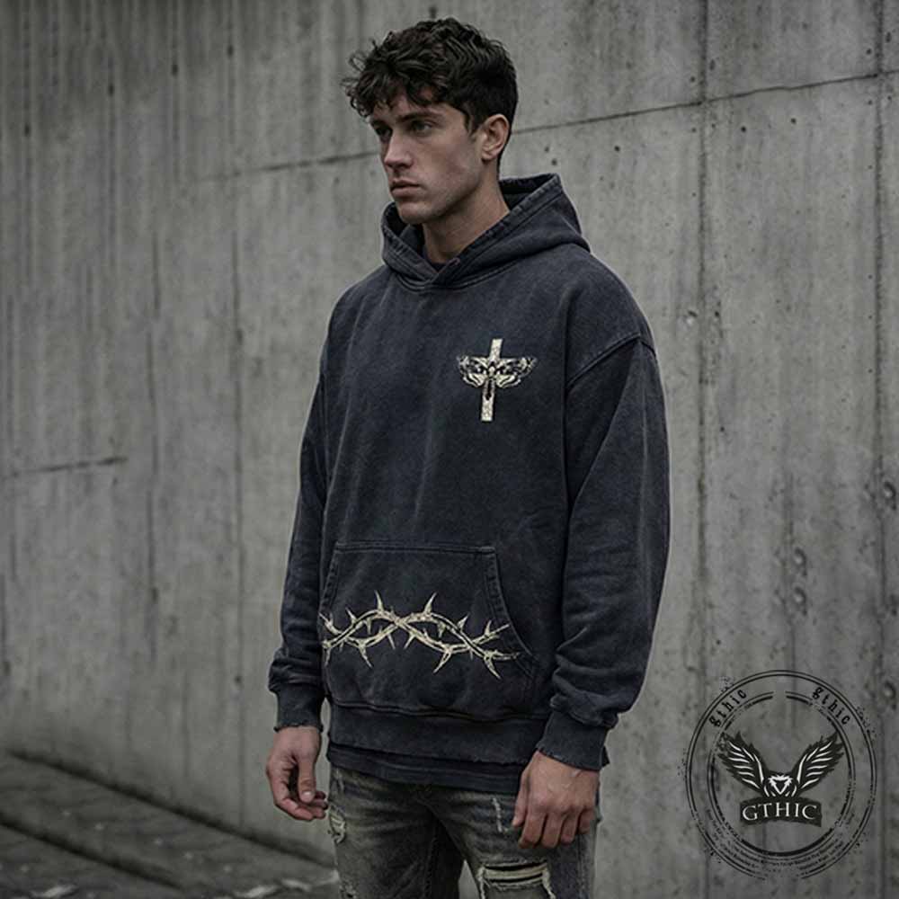 Memento Mori Skull Moth Cross Vintage Washed Hoodie