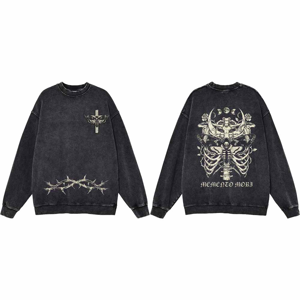 Memento Mori Skull Moth Cross Vintage Washed Sweatshirt