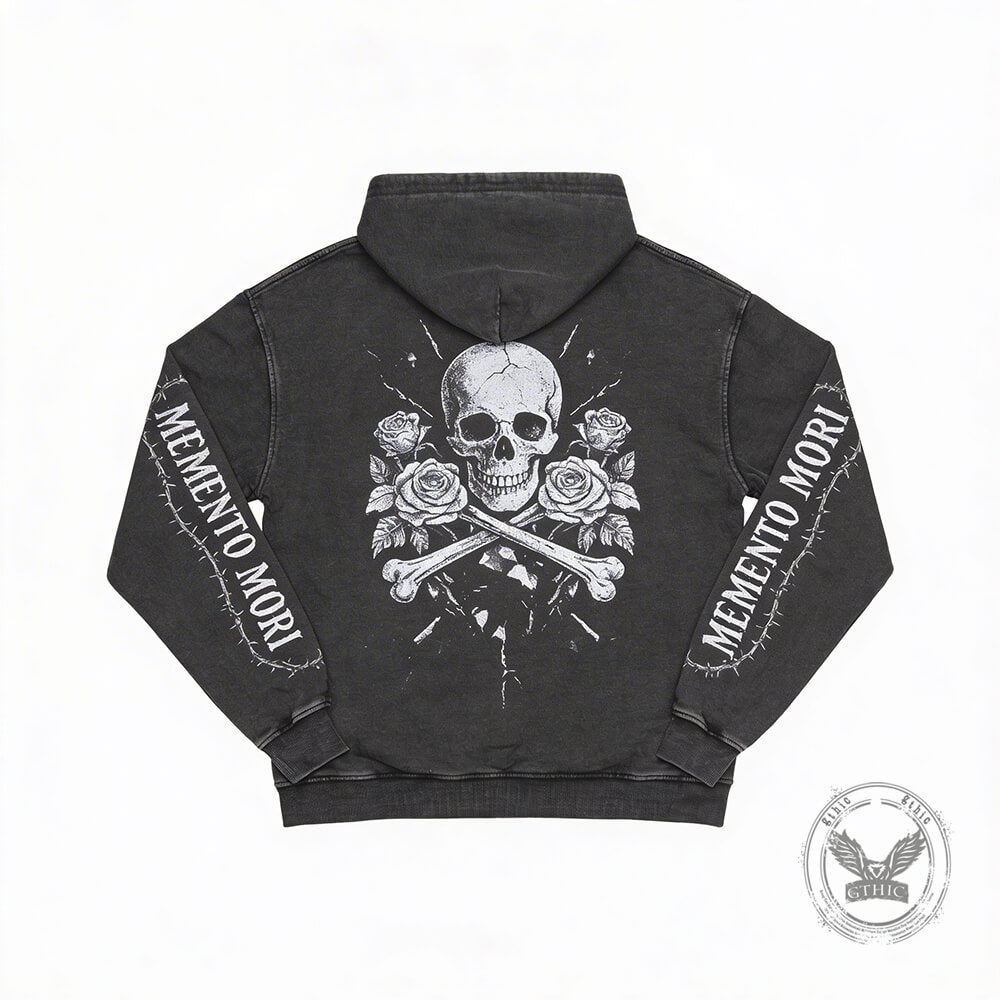Memento Mori Skull Rose Gothic Vintage Washed Hoodie