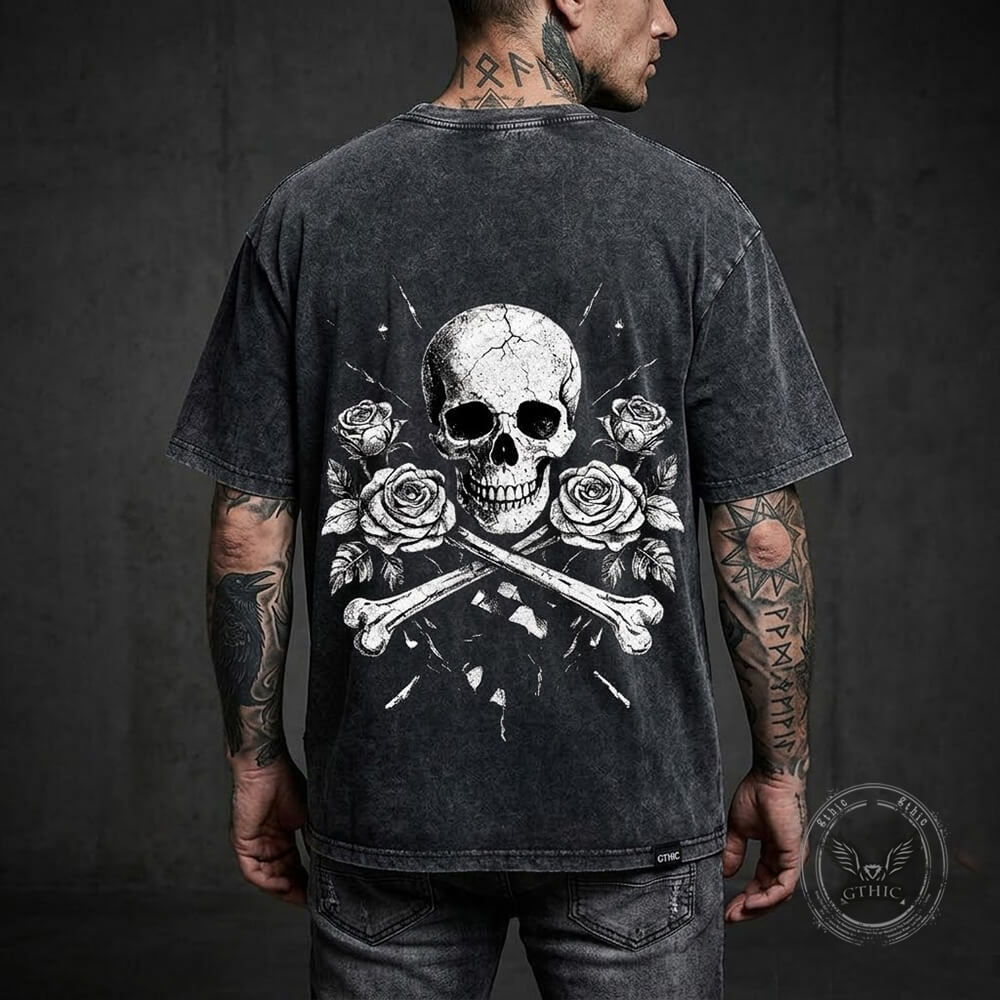 Memento Mori Skull Rose Gothic Vintage Washed T-shirt