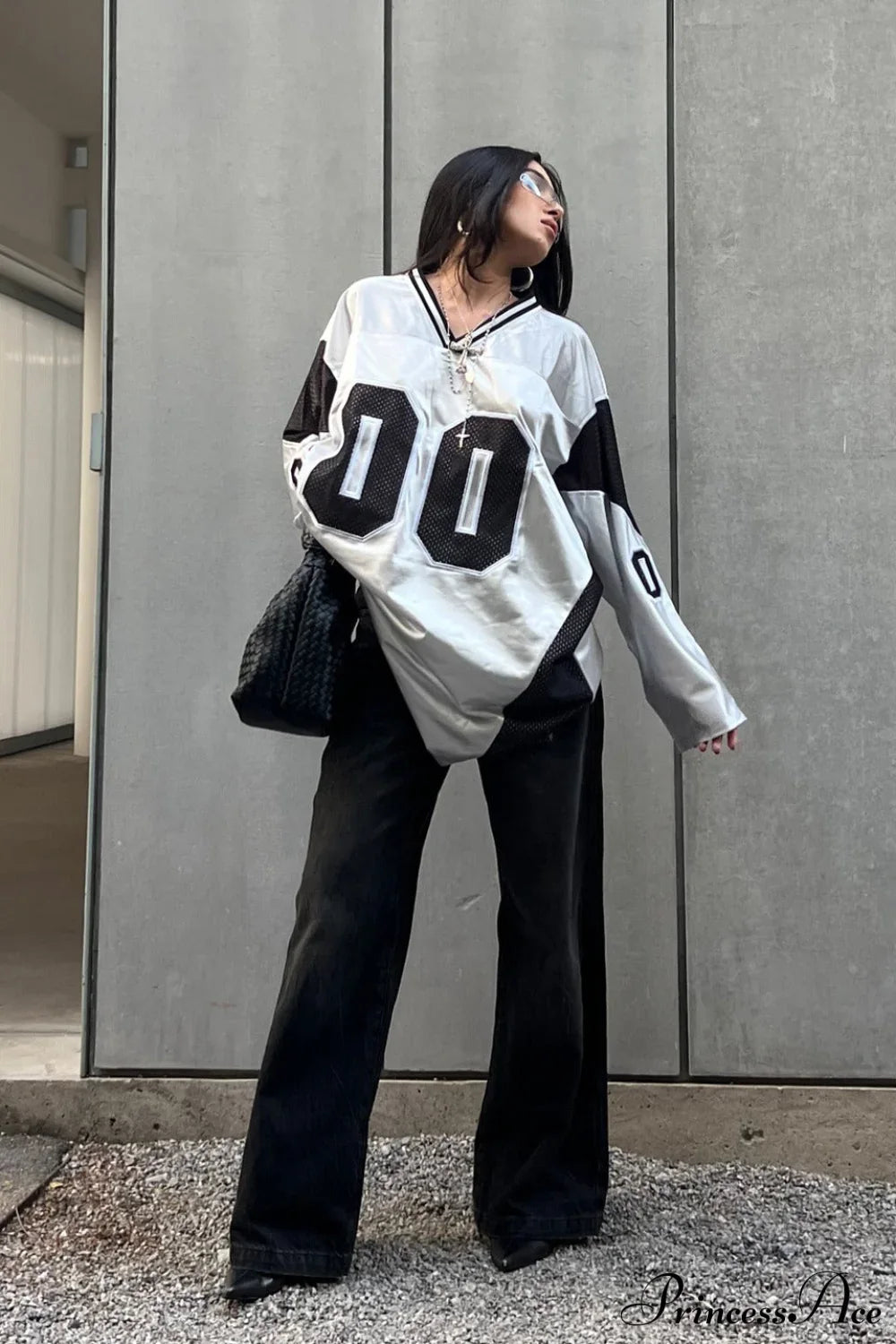 Number Print V Neck Color Block Loose Sweatshirt