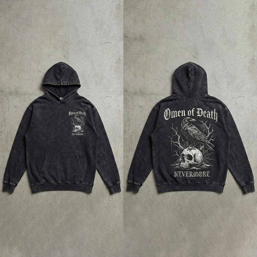 Omen of Death Raven Skull Nevermore Vintage Washed Hoodie