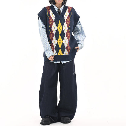 Oversized Argyle V-Neck Grandpa Knit Vest