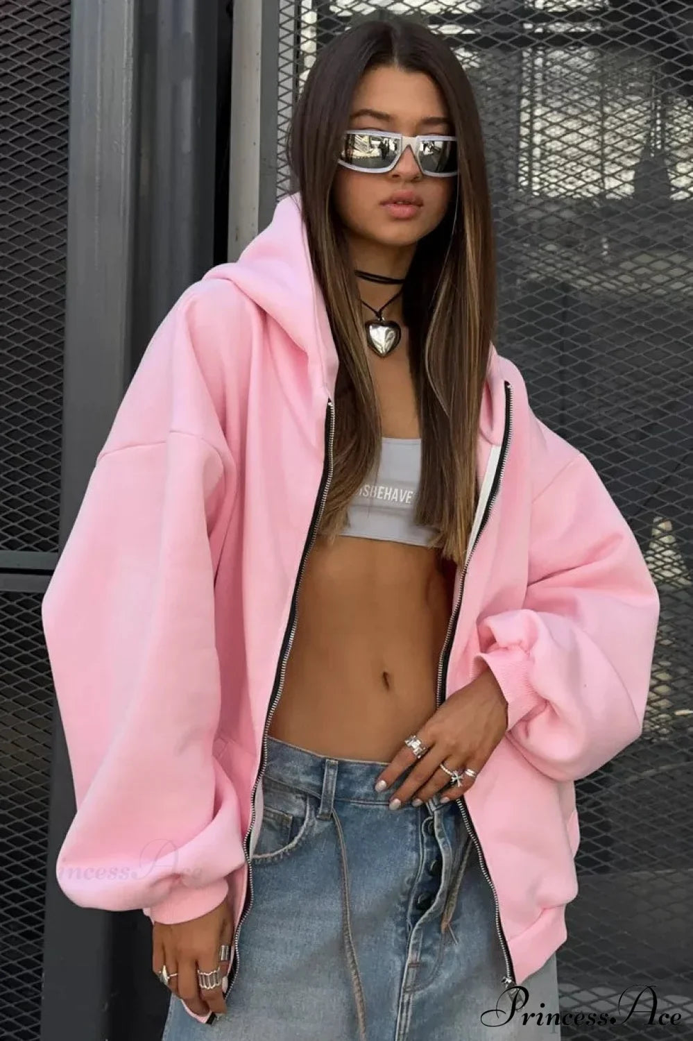 Oversized Street Casual Angel Print Zip-Up Hoodie