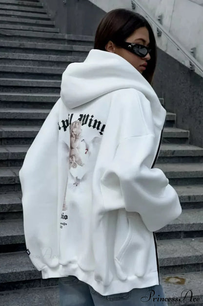 Oversized Street Casual Angel Print Zip-Up Hoodie