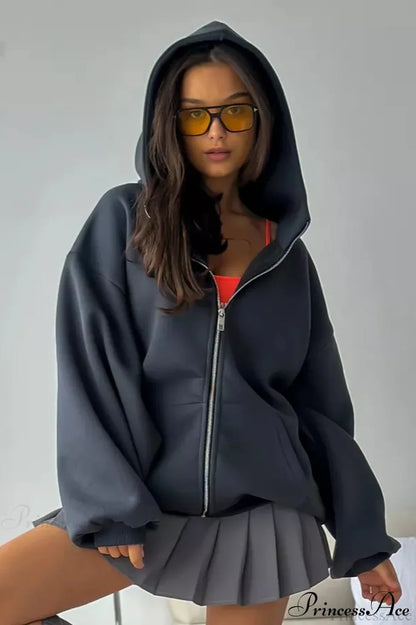 Oversized Street Casual Angel Print Zip-Up Hoodie