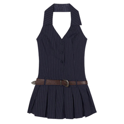 Pinstripe Halter Pleated Mini Dress