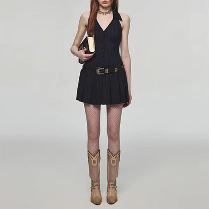 Pinstripe Halter Pleated Mini Dress