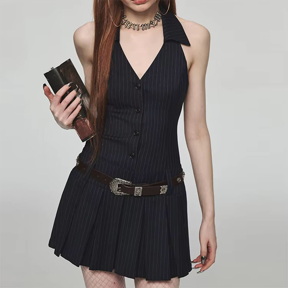 Pinstripe Halter Pleated Mini Dress