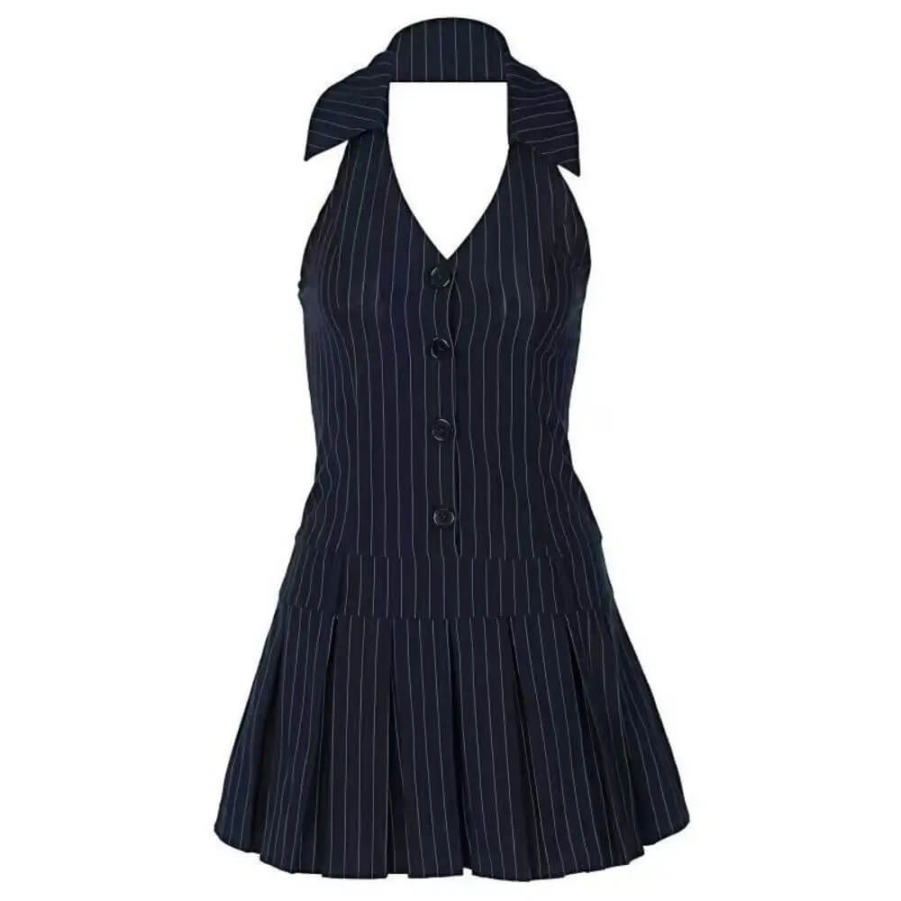 Pinstripe Halter Pleated Mini Dress