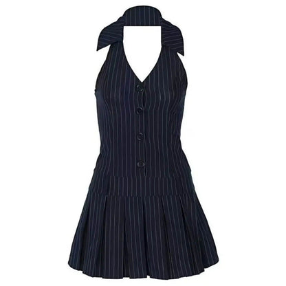 Pinstripe Halter Pleated Mini Dress