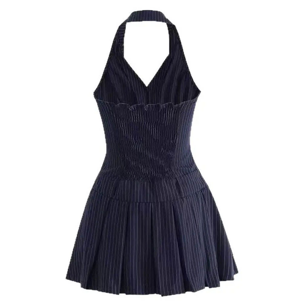 Pinstripe Halter Pleated Mini Dress