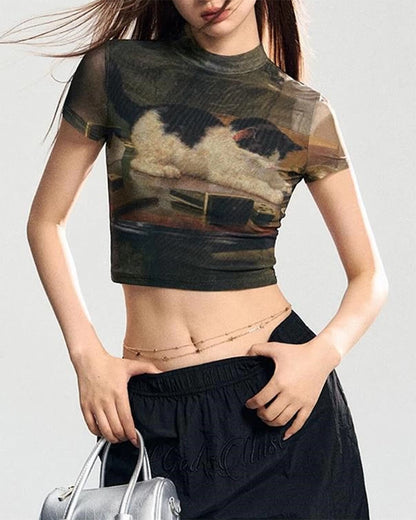 Playful Kitten Print Y2K Top