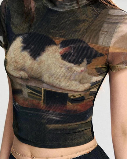 Playful Kitten Print Y2K Top