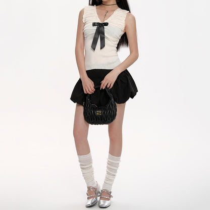 Preppy Ruched Top with Satin Bow