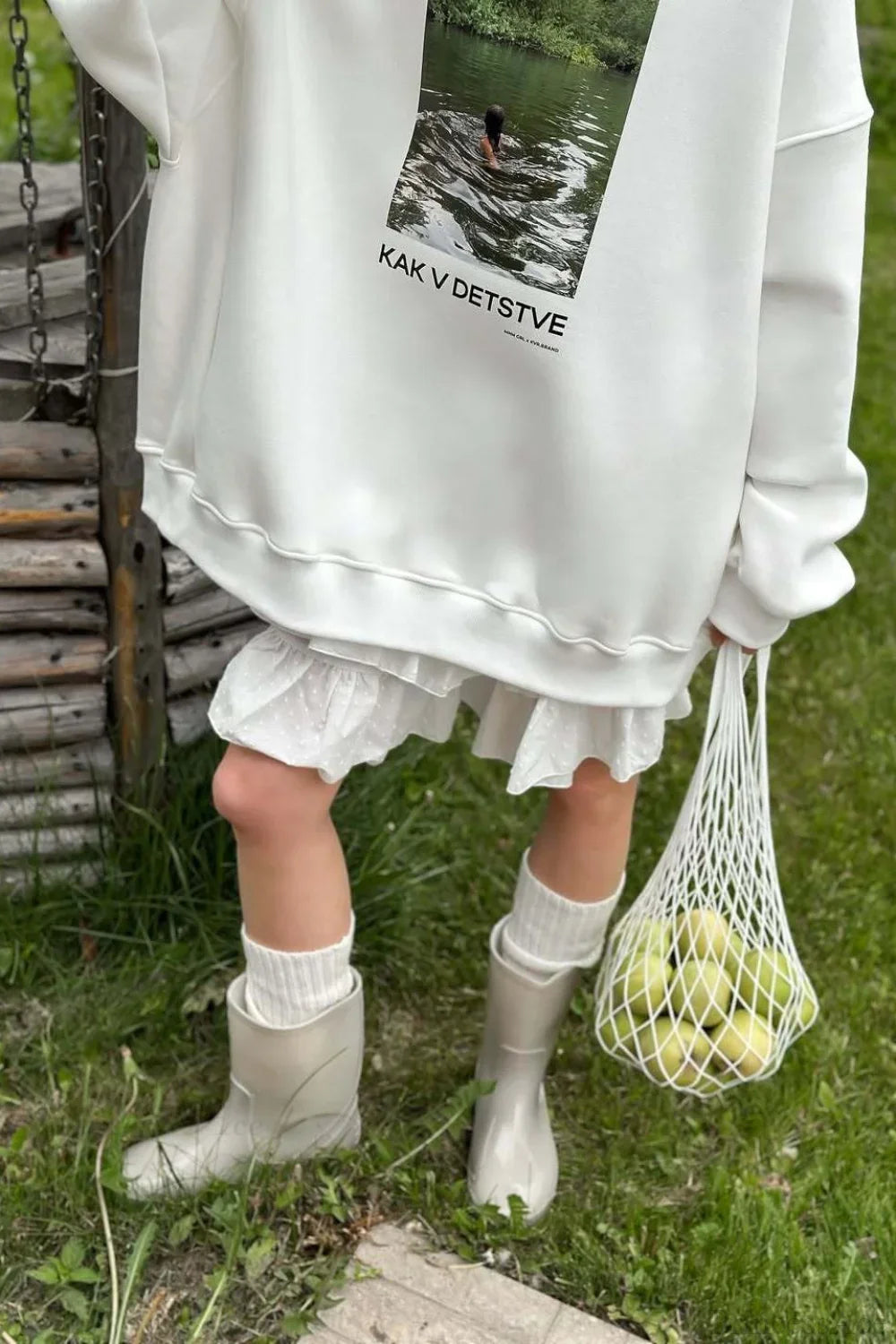 Printed White Loose Casual Crew Neck Pullover Sweatshirt