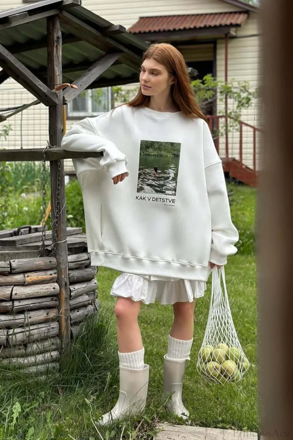 Printed White Loose Casual Crew Neck Pullover Sweatshirt