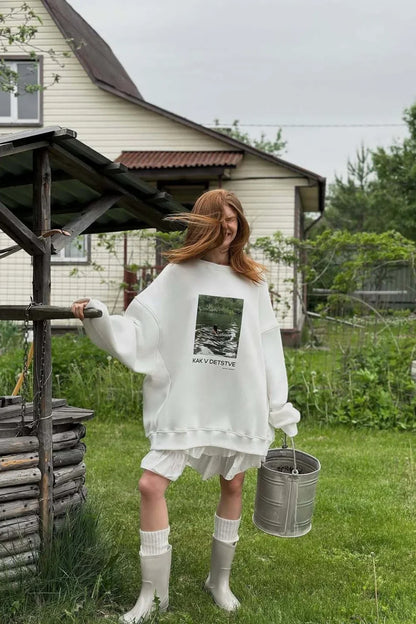 Printed White Loose Casual Crew Neck Pullover Sweatshirt