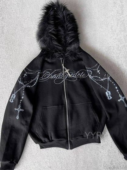 Printed Zipper Detachable Fur Hoodie