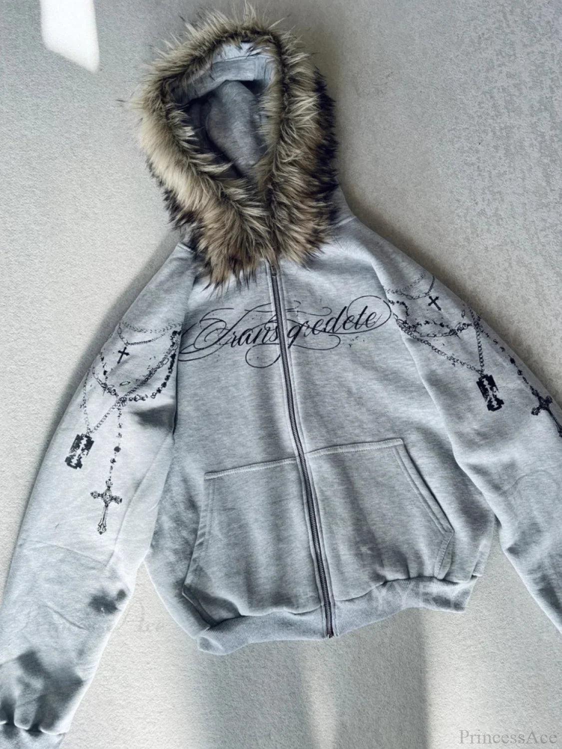 Printed Zipper Detachable Fur Hoodie