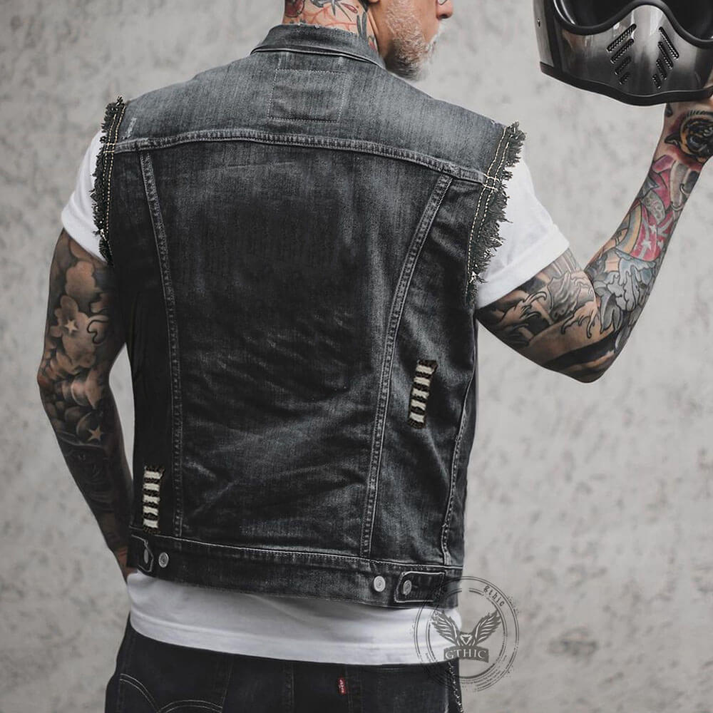 Punk Casual Ripped Lapel Collar Denim Vest