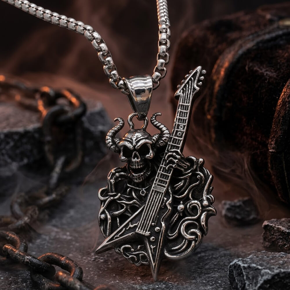 Punk Satan Skull Guitar-Playing Stainless Steel Pendant
