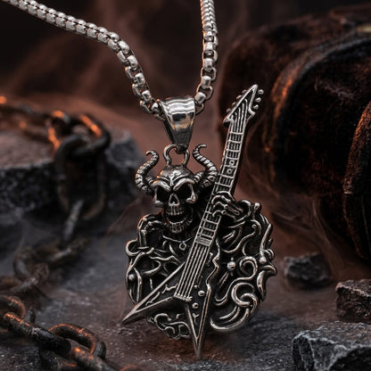 Punk Satan Skull Guitar-Playing Stainless Steel Pendant